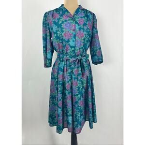 Vintage 80s California LOOKS Floral Midi House Dress Blue Retro Prairie USA 16
